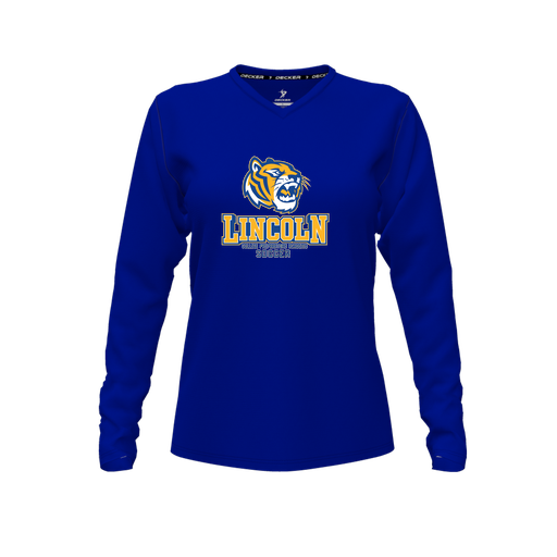[CUS-DFW-TEES-CMF-VNK-LSL-RYL-FYXS-LOGO1] Decker Comfort T-Shirt (Female Youth XS, Royal, V Neck, Logo 1, Long Sleeve)