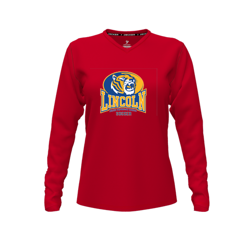[CUS-DFW-TEES-CMF-VNK-LSL-RED-FYXS-LOGO3] Decker Comfort T-Shirt (Female Youth XS, Red, V Neck, Logo 3, Long Sleeve)