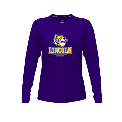 [CUS-DFW-TEES-CMF-VNK-LSL-PUR-FYXS-LOGO1] Decker Comfort T-Shirt (Female Youth XS, Purple, V Neck, Logo 1, Long Sleeve)