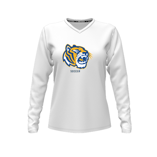 [CUS-DFW-TEES-PER-VNK-LSL-WHT-FYXS-LOGO2] Decker Performance T-Shirt (Female Youth XS, White, V Neck, Logo 2, Long Sleeve)