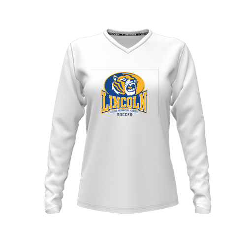 [CUS-DFW-TEES-PER-VNK-LSL-WHT-FYXS-LOGO3] Decker Performance T-Shirt (Female Youth XS, White, V Neck, Logo 3, Long Sleeve)