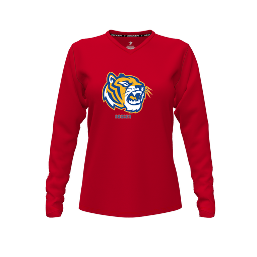 [CUS-DFW-TEES-PER-VNK-LSL-RED-FYXS-LOGO2] Decker Performance T-Shirt (Female Youth XS, Red, V Neck, Logo 2, Long Sleeve)
